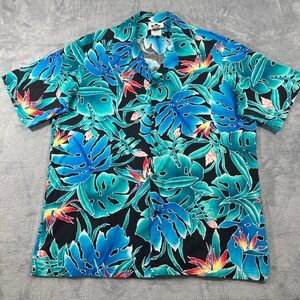 VTG Hilo Hattie Hawaiian Shirt Mens XL Blue Teal Monstera Bird of Paradise